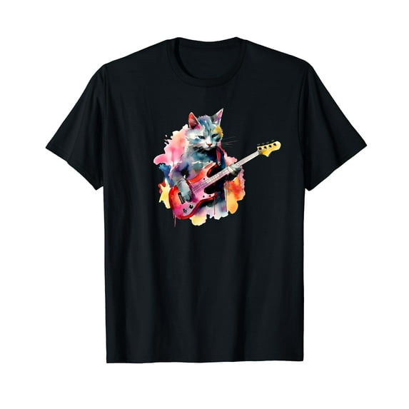 Cat Playing Bass Guitar Watercolor Graphic Design T-Shirt