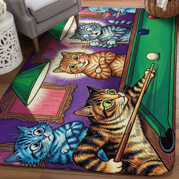 Cat Playing Billiard Area Rugs for Living Room 5x7, Billiard Table Animal Whimsical Washable Area Rug with Non Slip Backing, Stain Resist Linen Carpet for Bedroom, Dining Room, Entryway, Entrance
