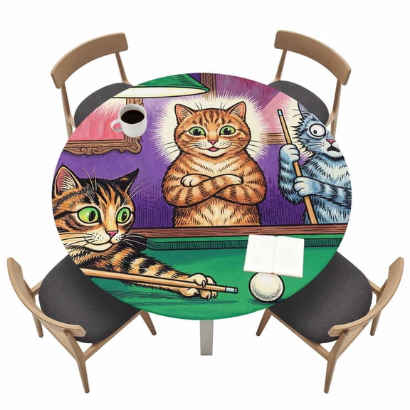 Cat Playing Billiard Round Fitted Table Cover Billiard Table Animal Whimsical Waterproof Table Cloth with Elastic Edge Wipeable Tablecloth for Picnic Camping Party Fits 36"-44" Tables