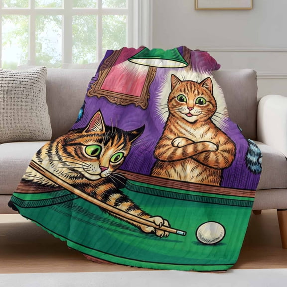 Cat Playing Billiard Throw Blanket for Couch Billiard Table Animal Whimsical Soft and Warm Flannel 3D Striped Fluffy Fuzzy Fleece Blanket Lightweight Throw for Bed, Sofa 30 x 40 Inches