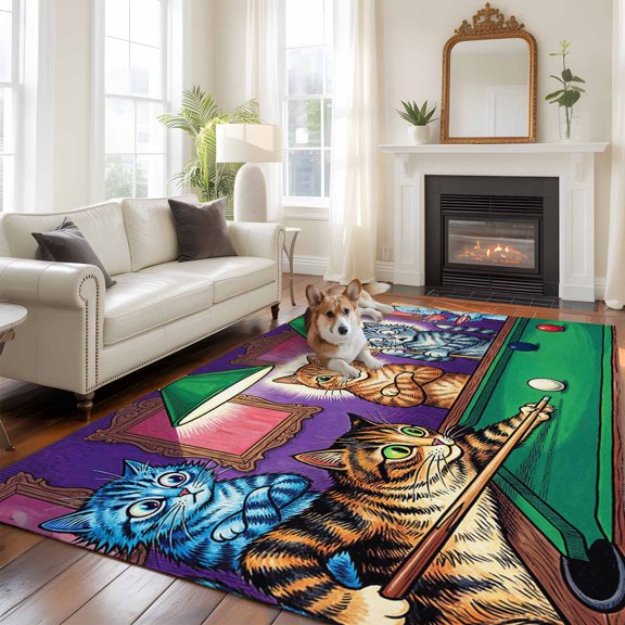 Cat Playing Billiard Washable Area Rug 6x9 Billiard Table Animal Whimsical Low-Profile Large Area Rugs with Non Slip Backing Indoor Floor Carpet for Entrance Living Room Bedroom Home Office