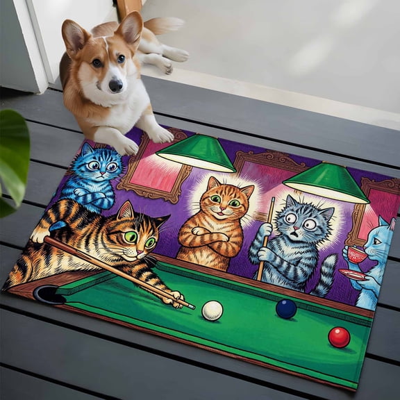 Cat Playing Billiard Washable Entry Rug 2x3 Billiard Table Animal Whimsical Low Pile Indoor Door Mat with Rubber Backing Thin Area Rug for for Entrance, Bedroom, Kitchen, Laundry, Bathroom