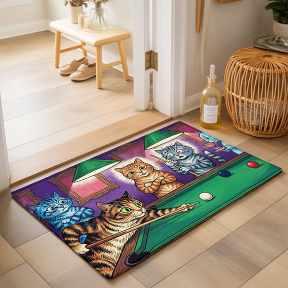 Cat Playing Billiard Washable Small Entryway Area Rugs 2'x3', Billiard Table Animal Whimsical Washable Throw Rug Non-Slip Sturdy Edge Binding Carpet for Front Door Floor Room Entry