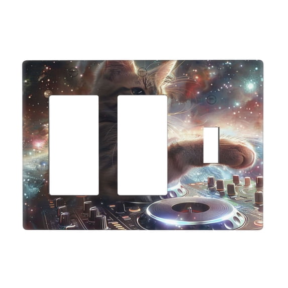 Cat Playing Dj Switch Cover Decorative Wall Plate 3-Gang 2-Decor 1-Toggle Standard Size