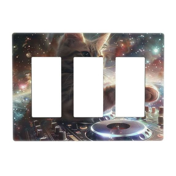 Cat Playing Dj Switch Cover Decorative Wall Plate 3-Gang Screwless Standard Size