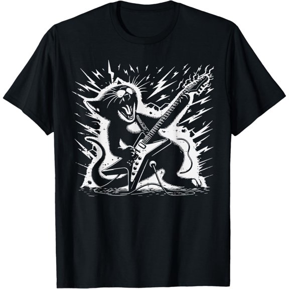 Cat Playing Electric Guitar Punk Rock Rocker Boys Men T-Shirt