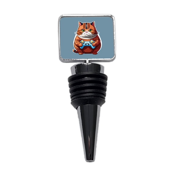 Cat Playing Game Gamer Gaming Chubby Wine Bottle Stopper Cap Plug