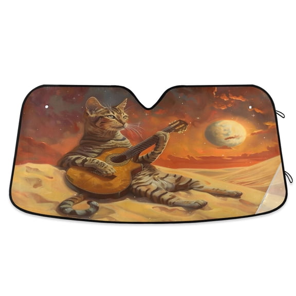 Cat Playing Guitar Car Windshield Sun Shade Foldable Car Front Window Visor Heat and UV Protection 53x23.5
