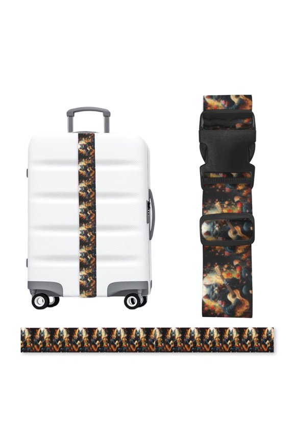 Cat Playing Guitar Flowers Art Adjustable Luggage Strap, 2-Inch Wide Heavy-Duty Suitcase Belt, Buckle Travel Bag Securing Band
