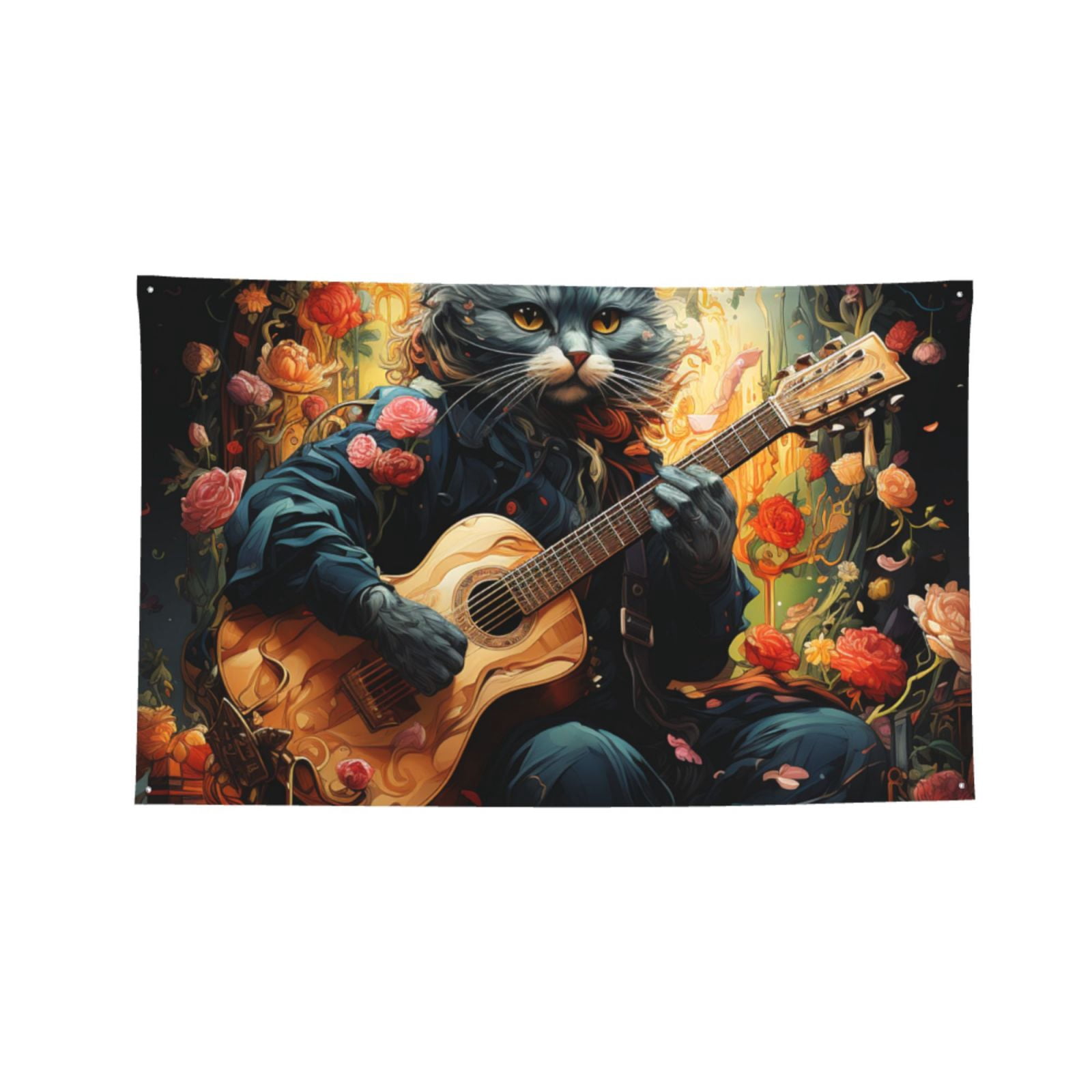 Cat Playing Guitar Flowers Art Four Hole Decorated Banner Flag for Garden Yard Home Decoration Indoor Outdoor 4x6 Ft