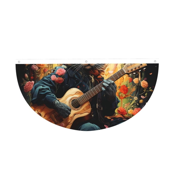 Cat Playing Guitar Flowers Art Semi-Circle Bunting Banner 1.5x3 Ft, Half Fan Flag for Porch Garden Party Decor, 3-Grommet Ready to Hang