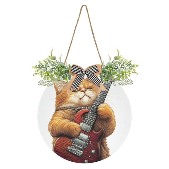 Cat Playing Guitar Front Door Porch Decoration Hanging Sign with Artificial Green Plants and Bow for Home Outdoor Indoor