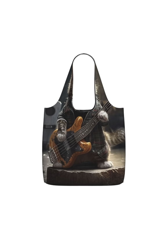 Cat Playing Guitar Rock Music Foldable Reusable Shopping Bag Large Capacity Tote Handbag Storage Pouch for Travel Work