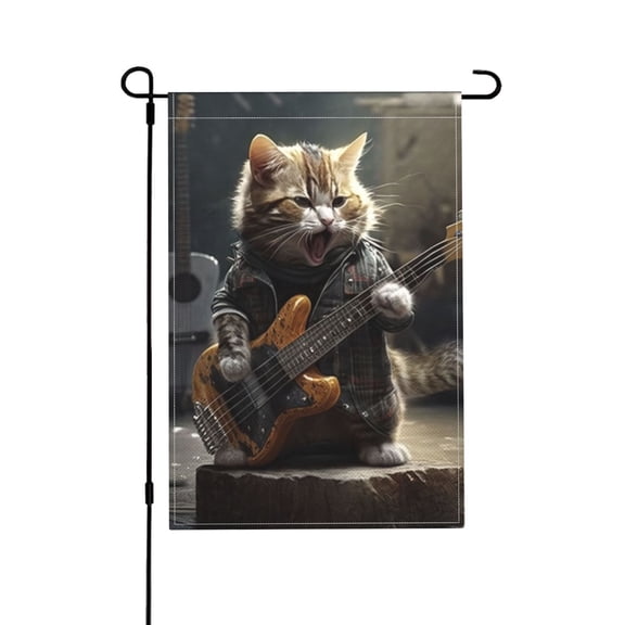 Cat Playing Guitar Rock Music Garden Flag Outdoor House Flags 12 X 18 Inch Banner Yard Home Decoration