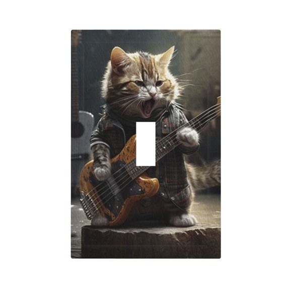 Cat Playing Guitar Rock Music Light Switch Cover Decorator Single Toggle Wall Plate 1-Gang Receptacle Outlet Decor