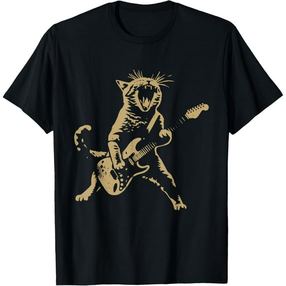 Cat Playing Guitar Rock Star Rock and Roll Men Women Kids T-Shirt