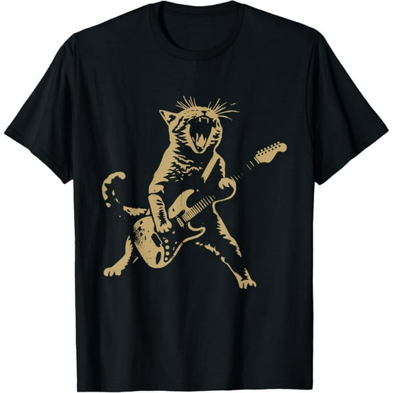 Cat Playing Guitar Rock Star Rock and Roll Men T-Shirt