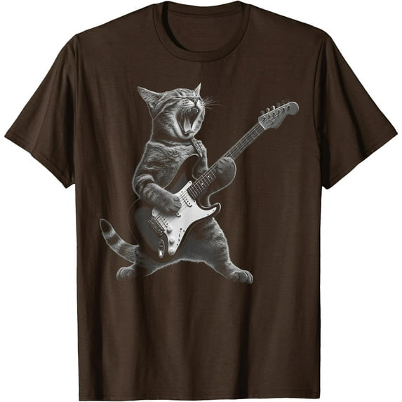 Cat Playing Guitar Rock Star Rock and Roll Unisex T-Shirt for Men Women Kids Toddler,Dark Chocolate Color,Size YM