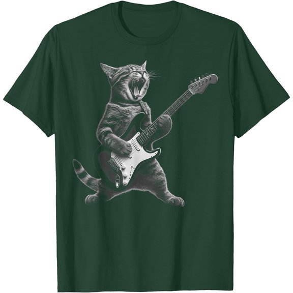 Cat Playing Guitar Rock Star Rock and Roll Unisex T-Shirt for Men Women Kids Toddler,Forest Green Color,Size 4XL