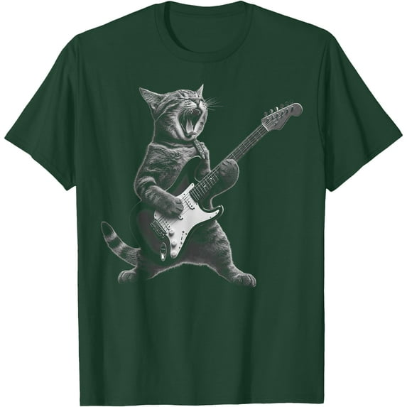 Cat Playing Guitar Rock Star Rock and Roll Unisex T-Shirt for Men Women Kids Toddler,Forest Green Color,Size YM