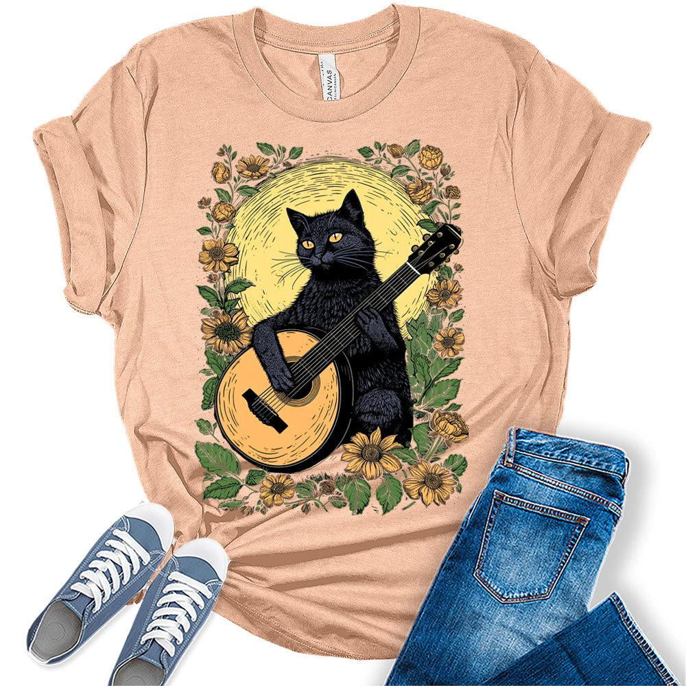 Cat Playing Guitar Shirt Womens Sunflower Cottagecore Aesthetic T-Shirt