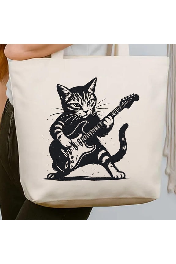 Cat Playing Guitar Tote Bag, Natural Cotton Canvas Graphic Tote, Music Lover Everyday Shop