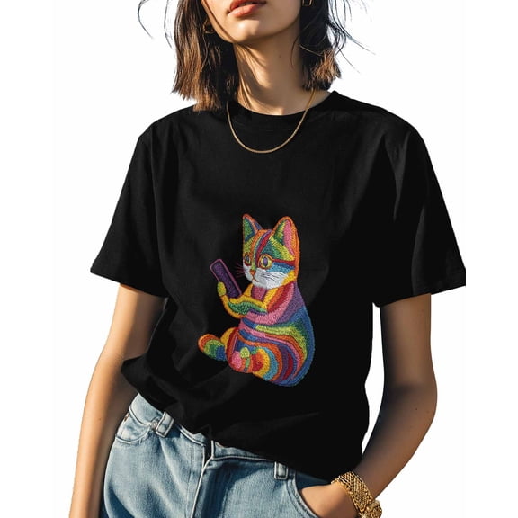 Cat Playing Mobile Phone Womens Tshirt Graphic Tees Cotton Crew Neck T-Shirts, Casual Short Sleeve Shirts for Women Teen Girl Colorful Stripe