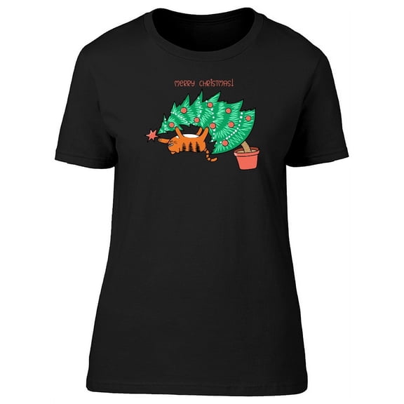Cat Playing On Xmas Tree T-Shirt Women -Image by Shutterstock, Female Large