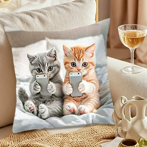 Cat Playing With Phone Printed Pillow Cover 17.7x17.7in, Funny Animal Pattern Flock Pillowcase, Decorative Cushion Cover for Sofa Living Room, Hidden Zipper, Novelty Gift for Cat Lovers