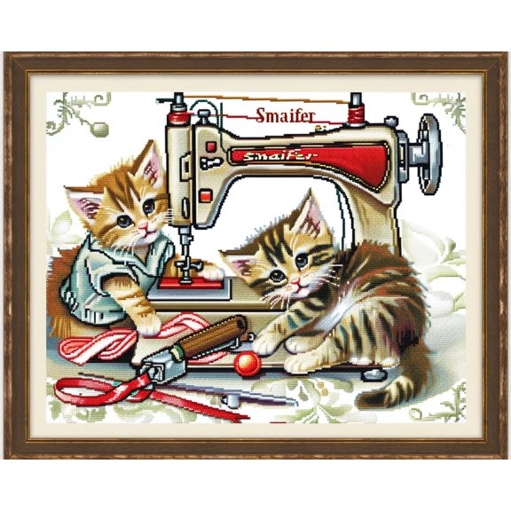 Cat Playing Sewing Machine DIY 11CT Stamped Cross Stitch Kits for Beginners Easy Needlepoint Embroidery Counted Cross Stitch Art Craft for Wall Decoration 12x16inch(2)