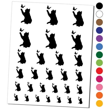 Cat Playing with Butterfly Water Resistant Temporary Tattoo Set Fake Body Art Collection - Black