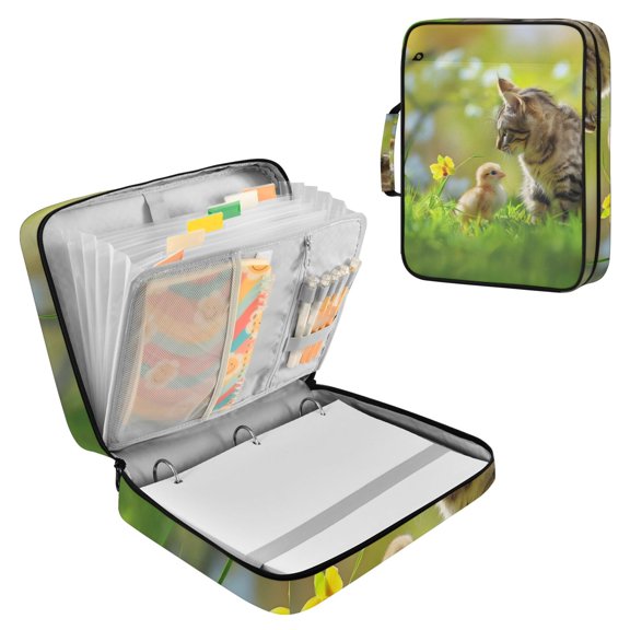 Cat Playing with Chick on Lawn Accordion File Organizer Expanding File Folder 3-Ring Binder Bag 500 Sheets A4 Size