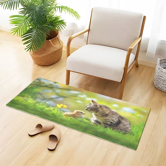 Cat Playing with Chick on Lawn Plush Carpet Non Slip Runner Rug Absorbent Bath Mat 39" x 20"