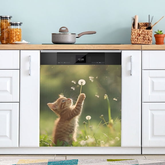 Cat Playing with Dandelions Dishwasher Magnet Refrigerator Magnetic Cover Washing Machine Magnet Sticker Kitchen Decor