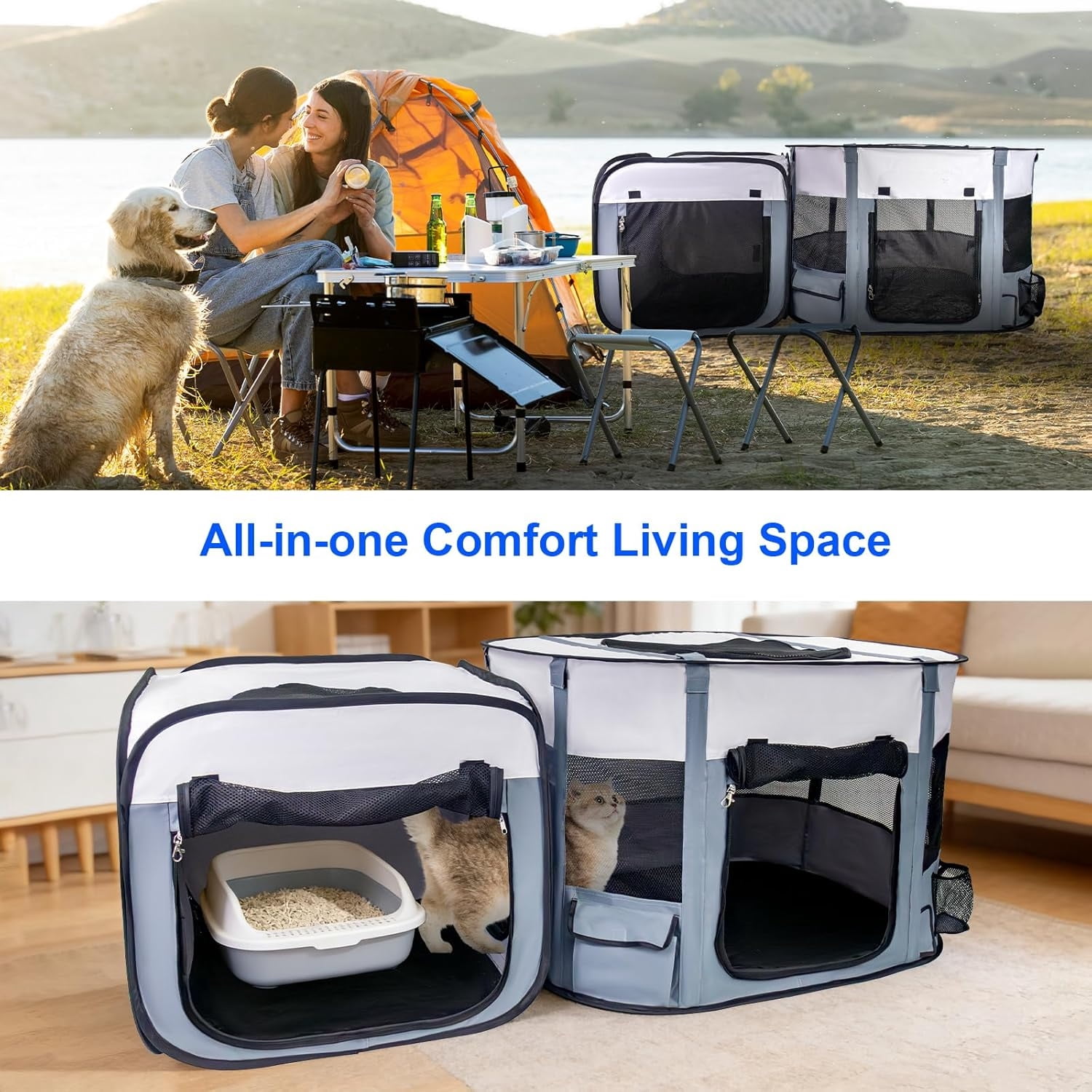 Cat Playpen with Separate Areas, Pet Playpen Indoor House for Small Dog, 2-in-1 Waterproof Dog Crate Furniture Tent Cage Outdoor, Large Portable Pop Up Cat Enclosure Kennel for Puppy/Kitten