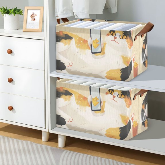 Cat Plays Phone Foldable Storage Large Fabric Storage Baskets Organizer Storage Bins with Handles for Shelves