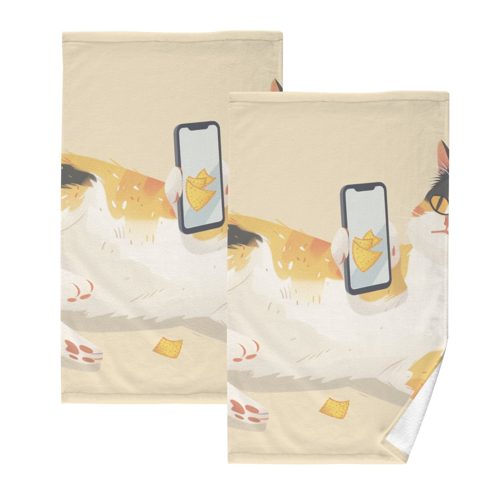 Cat Plays Phone Hand Towels Cotton Bath Towels Large Face Towels Absorbent for Bathroom 2 Packs