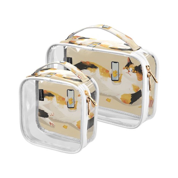 Cat Plays Phone Makeup Bags Set Travel Toiletry Bags Portable Cosmetic Bags Organizer Waterproof 2 Packs