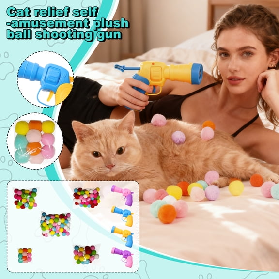 Cat Plush Ball Launcher Toy Self Entertainment Silent Ball Shooting Gun for Indoor Play Micro Bullet Static Cling Soft Pom Pom Balls Interactive Kitten Exercise Toy for Boredom Relief Fun Activity A