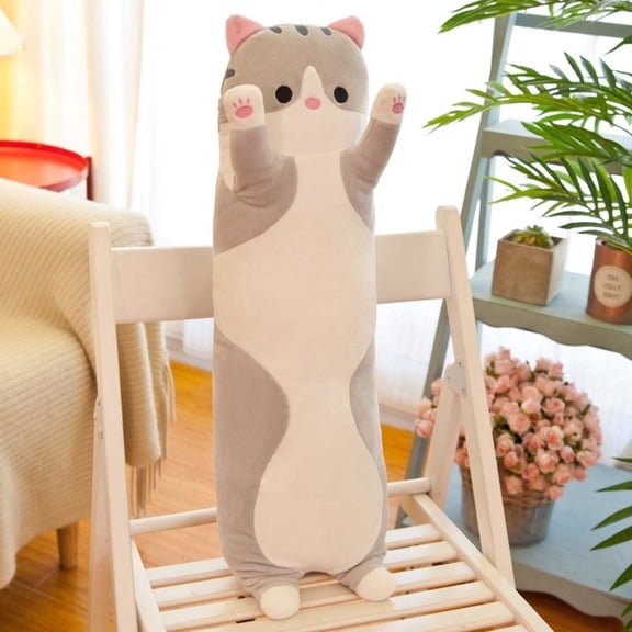 Long Cat Pillow Plush 26 inch Gray Soft Cuddly Cat Body Pillow for Bed Sofa Decor