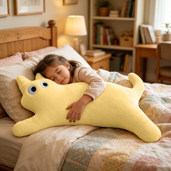 Cat Plush Pillow Stuffed Animal Body Pillow with Curved Long Shape Cartoon Huggable Cuddle Cushion Stuffed Plush Toy for Bedroom Sofa Office Reading Nook Home Decor Birthday Holiday Gift