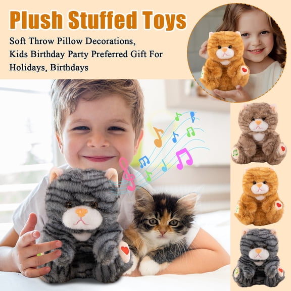Cat Plush Toy 9.8" Cat Plush Stuffed Animals Doll with LED Lights Music Sleep Stuffed Animal Soothing Toy for Adults Black, 1Pcs