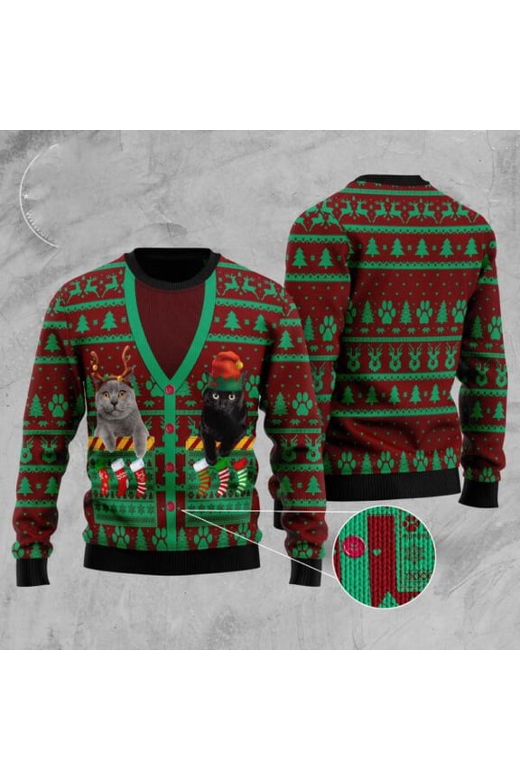 Cat Pocket Xmas Ugly Christmas Sweater, Christmas Cat Ugly Sweater, Ugly Cat Xmas Sweater