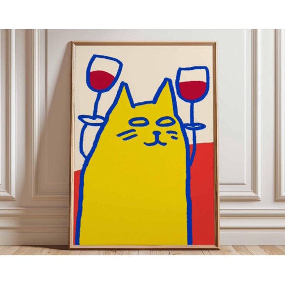 Cat Pop Style Quirky Animal Bar Cart Yellow Red Modern Cat Lover Wall Art Print, Unframed Paper Poster 8x10in