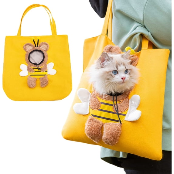 Cat Portable Bag Pet Canvas Shoulder Bag, Cute Bee-Shaped Cat Carrier, Handheld Bag Portable Small Dog Carrying Tote Chest Bag for Puppy and Kitten Walking Shopping Travel Camping