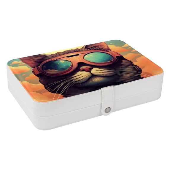 Cat Portable PU Leather Earring Holder Storage Box Display Case with Removable Compartment