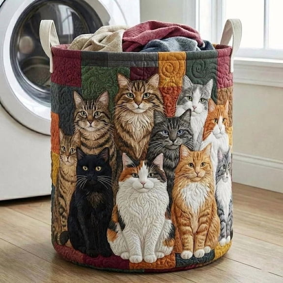 Cat Portrait Collage Quilted Laundry Basket, Cat Clothes Hamper, Oxford Cloth Storage Bin