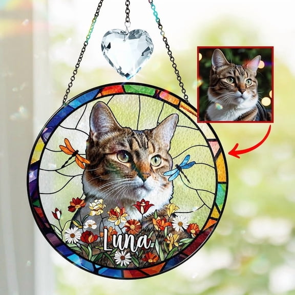 Cat Portrait Crystal Suncatcher – Custom Pet Memorial Dog & Cat Loss Stained Glass Art, Rainbow Bridge Sympathy Gift for Cat Lovers