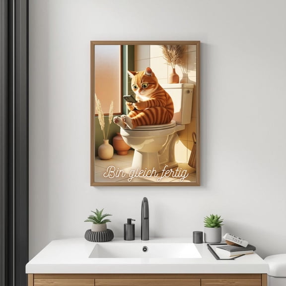 Cat Poster For The Bathroom – Art Poster “Almost Done” A5 A4 A3 A2 A1, Cat With Mobile Phone, Wall Art,, Unframed Poster Size 8x12