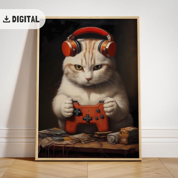 Cat Poster, Gaming Room Decor, Catful Video Game Controller Wall Art, Gamer, F066, Unframed Poster Size 12x18